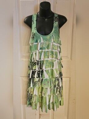 Sam & Max Green and White Tiered Ruffle Tank Dress Y2K